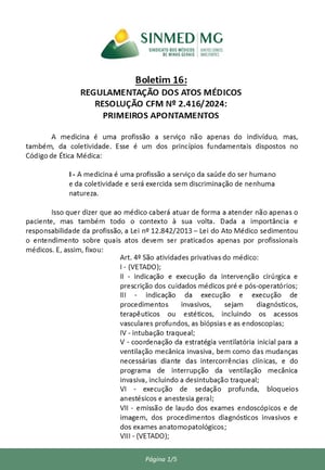 SinmedMG- Boletim 16_REGULAMENTAÇÃO DOS ATOS MÉDICOS - RESOLUÇÃO CFM No 2.416-2024 - PRIMEIROS APONTAMENTOS